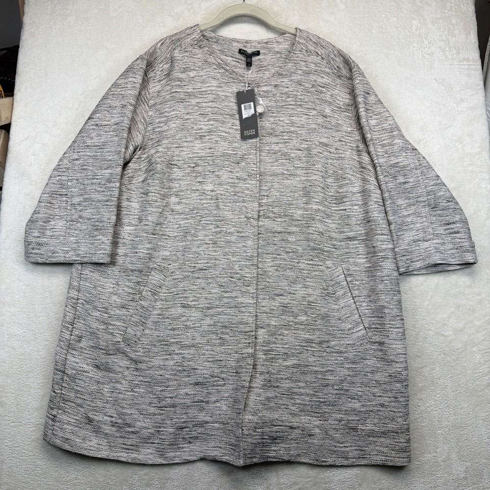 Eileen Fisher Women 1X Gray Cotton Blend Knit Open Front Long Cardigan Jacket